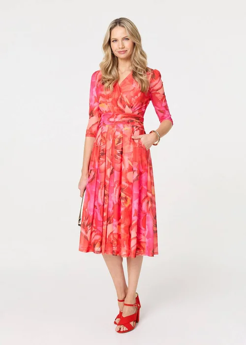 Izabel London Orange Floral Mesh Ruched Midi Faux Wrap Dress - 8 Image 3