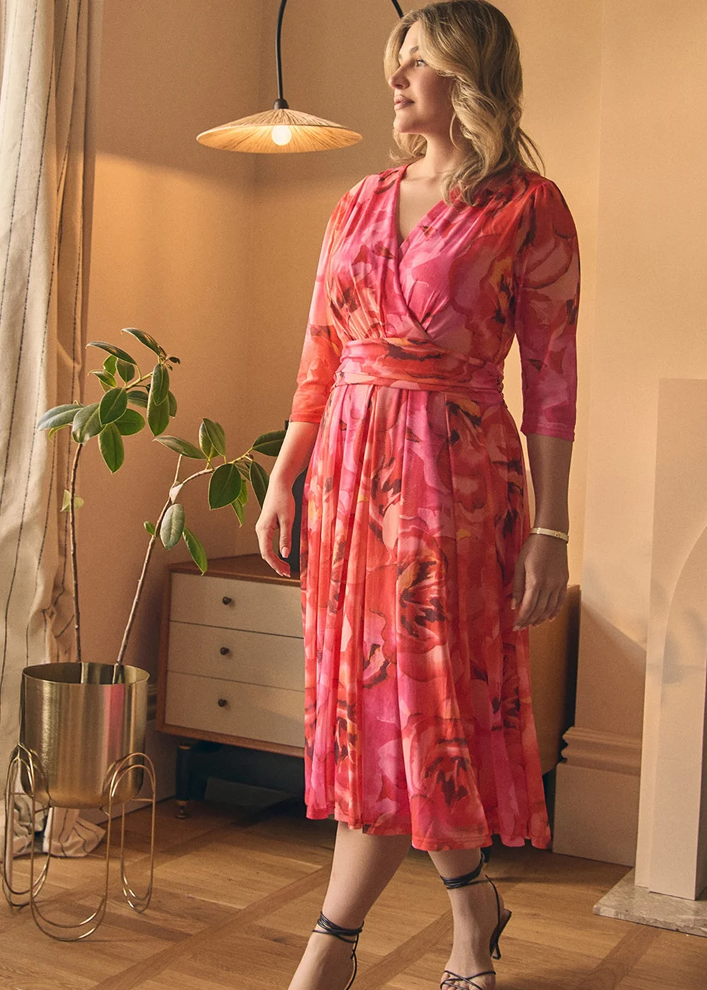 Izabel London Orange Floral Mesh Ruched Midi Faux Wrap Dress - 8 Image 1