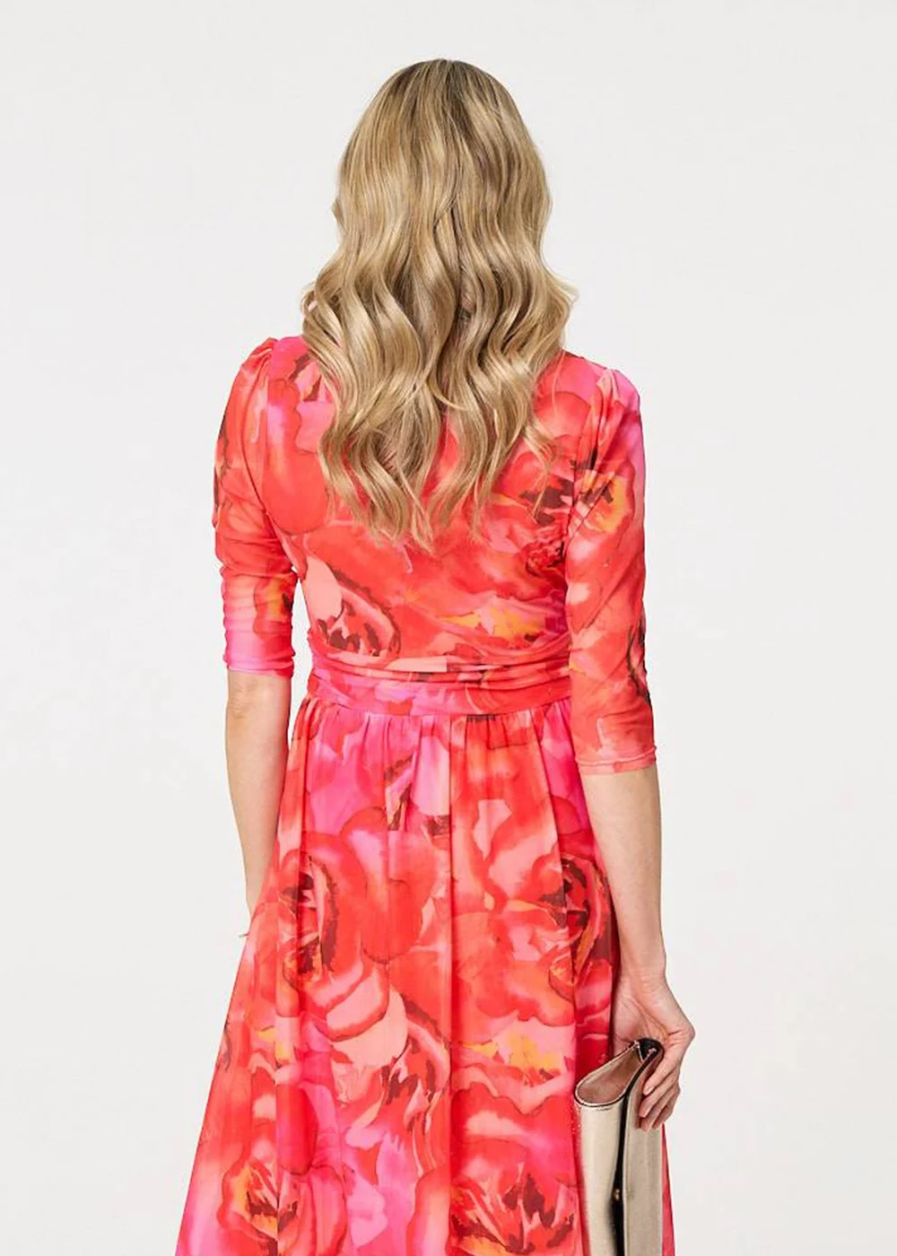 Izabel London Orange Floral Mesh Ruched Midi Faux Wrap Dress - 8 Image 4