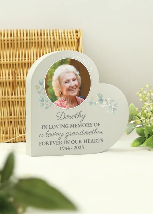 Personalised Botanical Memorial Photo Upload Free Standing Heart Ornament - One Size Image 1