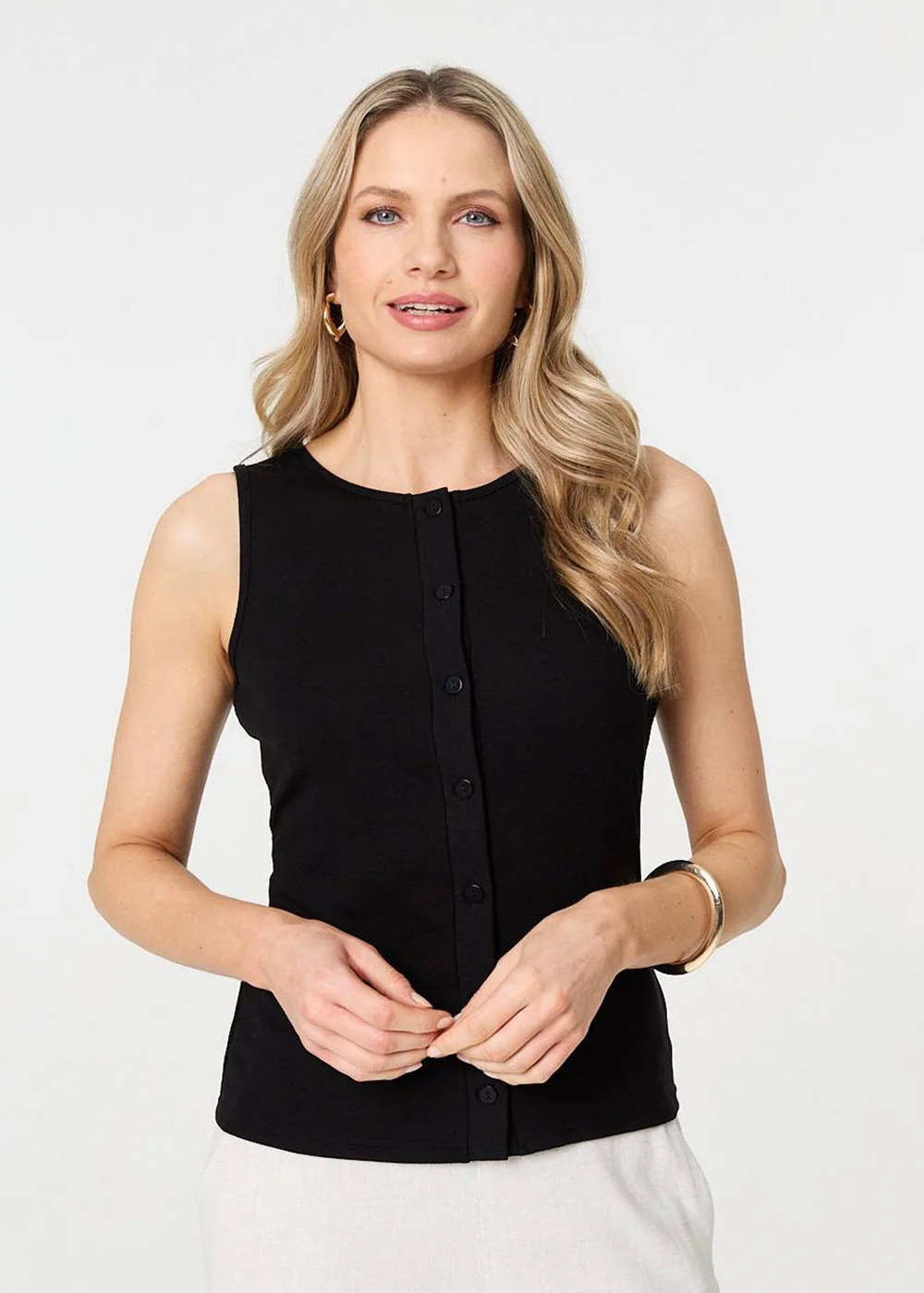 Izabel London Black Sleeveless Button Front Slim Vest Top - 8 Image 2