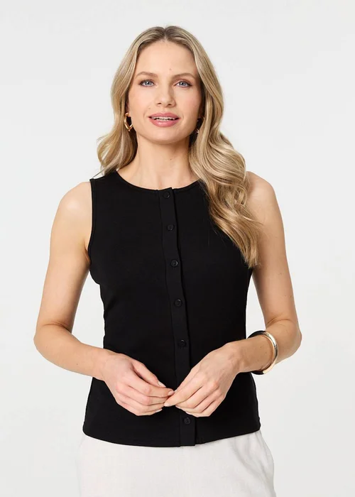 Izabel London Black Sleeveless Button Front Slim Vest Top - 8 Image 2