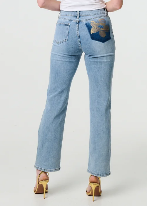 Izabel London Blue Floral Pocket Patch Straight Fit Jeans - 8 Image 2