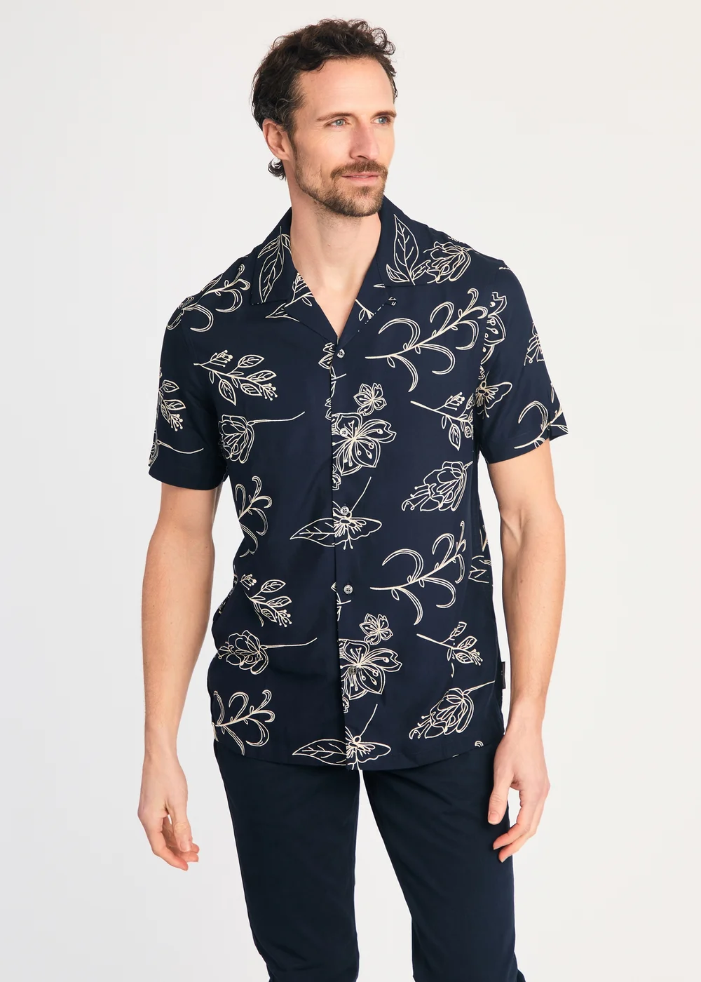 French Connection Navy Floral Print Short Sleeve Shirt - M Image 1