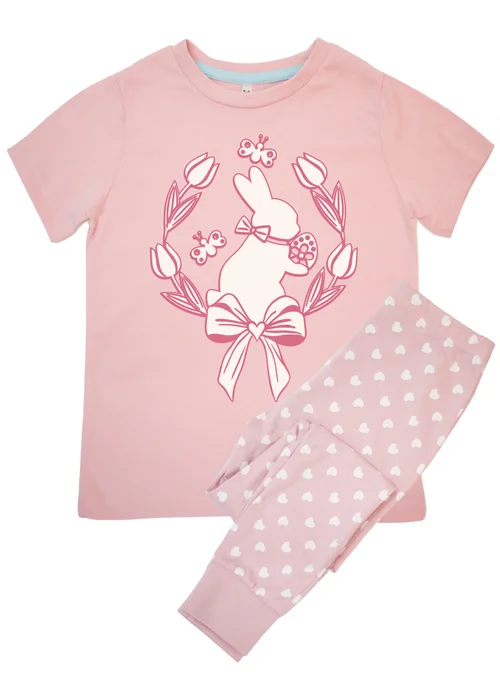 Brands In Easter Bunny Wreath Girls Pink Hearts Pyjamas (3-8 Years) - Age 3-4 Years Image 1