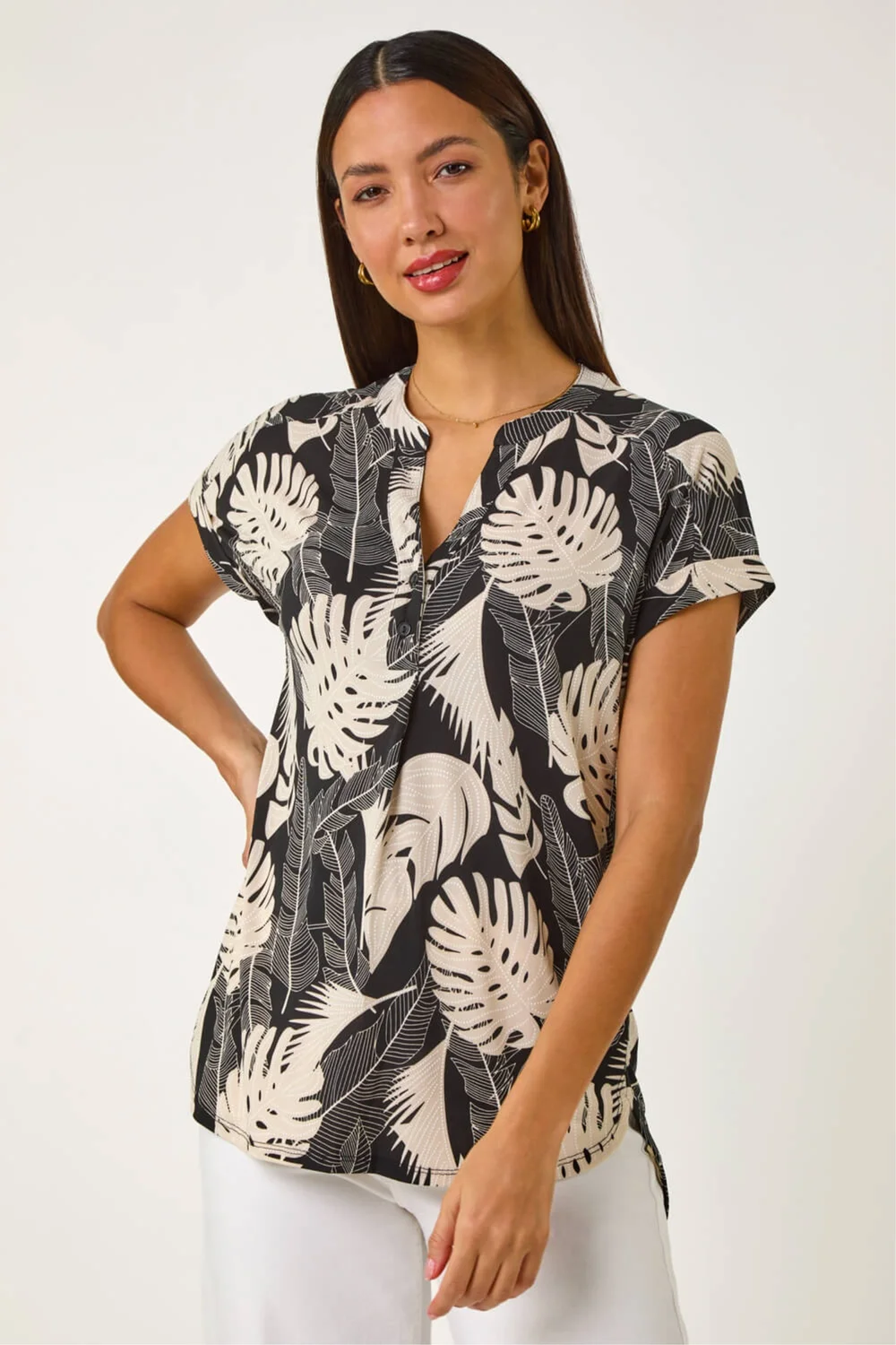 Roman Stone Textured Leaf Print V-Neck Stretch Top - 10 Image 4