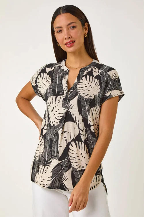 Roman Stone Textured Leaf Print V-Neck Stretch Top - 10 Image 4