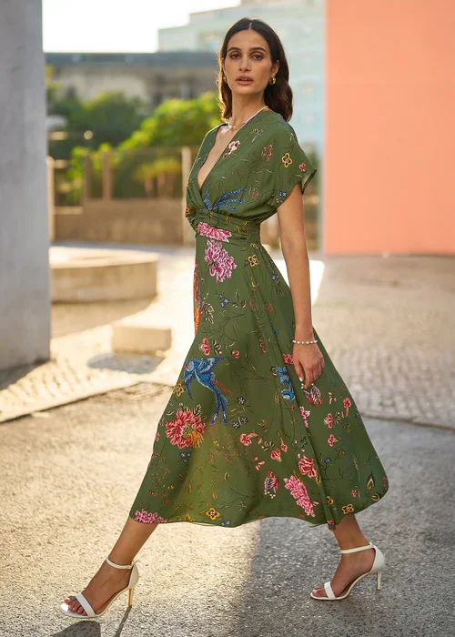 Yumi Green Bird and Floral Print Ruched Waist Kimono Midi Dress - 8 Image 2