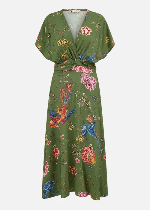 Yumi Green Bird and Floral Print Ruched Waist Kimono Midi Dress - 8 Image 3