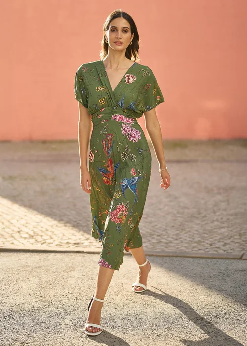 Yumi Green Bird and Floral Print Ruched Waist Kimono Midi Dress - 8 Image 1