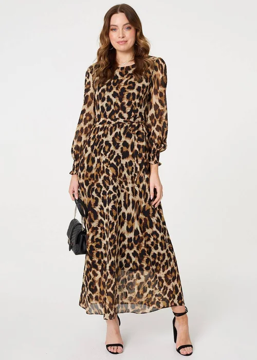 Izabel London Brown Animal Print Sheer Layered Maxi Dress - 8 Image 1