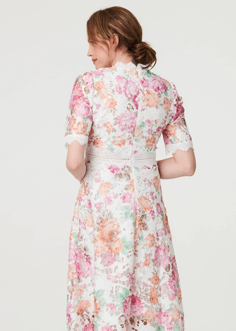 Izabel London Pink Floral Lace Trim Semi Sheer Midi Dress - 8 Image 4