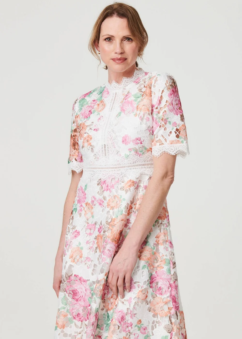 Izabel London Pink Floral Lace Trim Semi Sheer Midi Dress - 8 Image 2