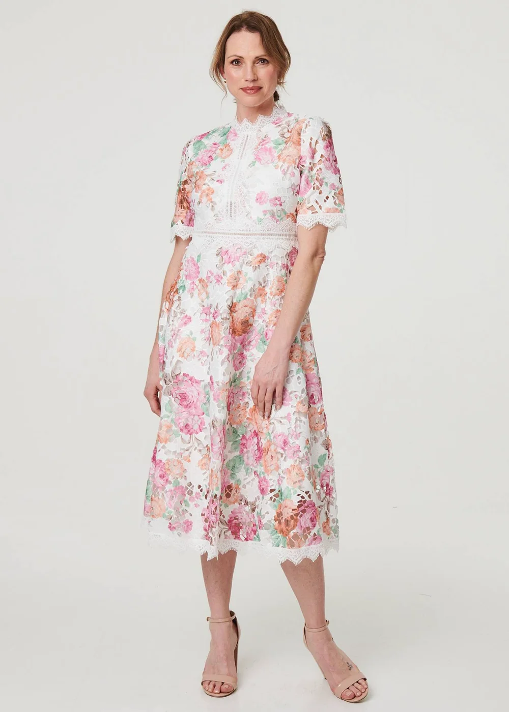 Izabel London Pink Floral Lace Trim Semi Sheer Midi Dress - 8 Image 1