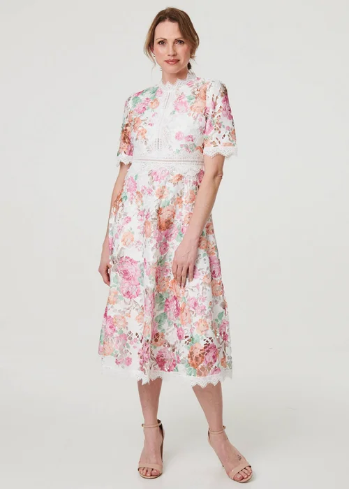 Izabel London Pink Floral Lace Trim Semi Sheer Midi Dress - 8 Image 1
