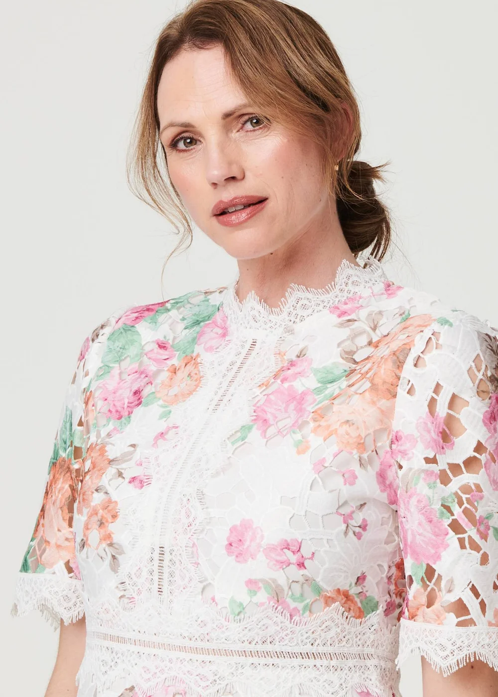 Izabel London Pink Floral Lace Trim Semi Sheer Midi Dress - 8 Image 3