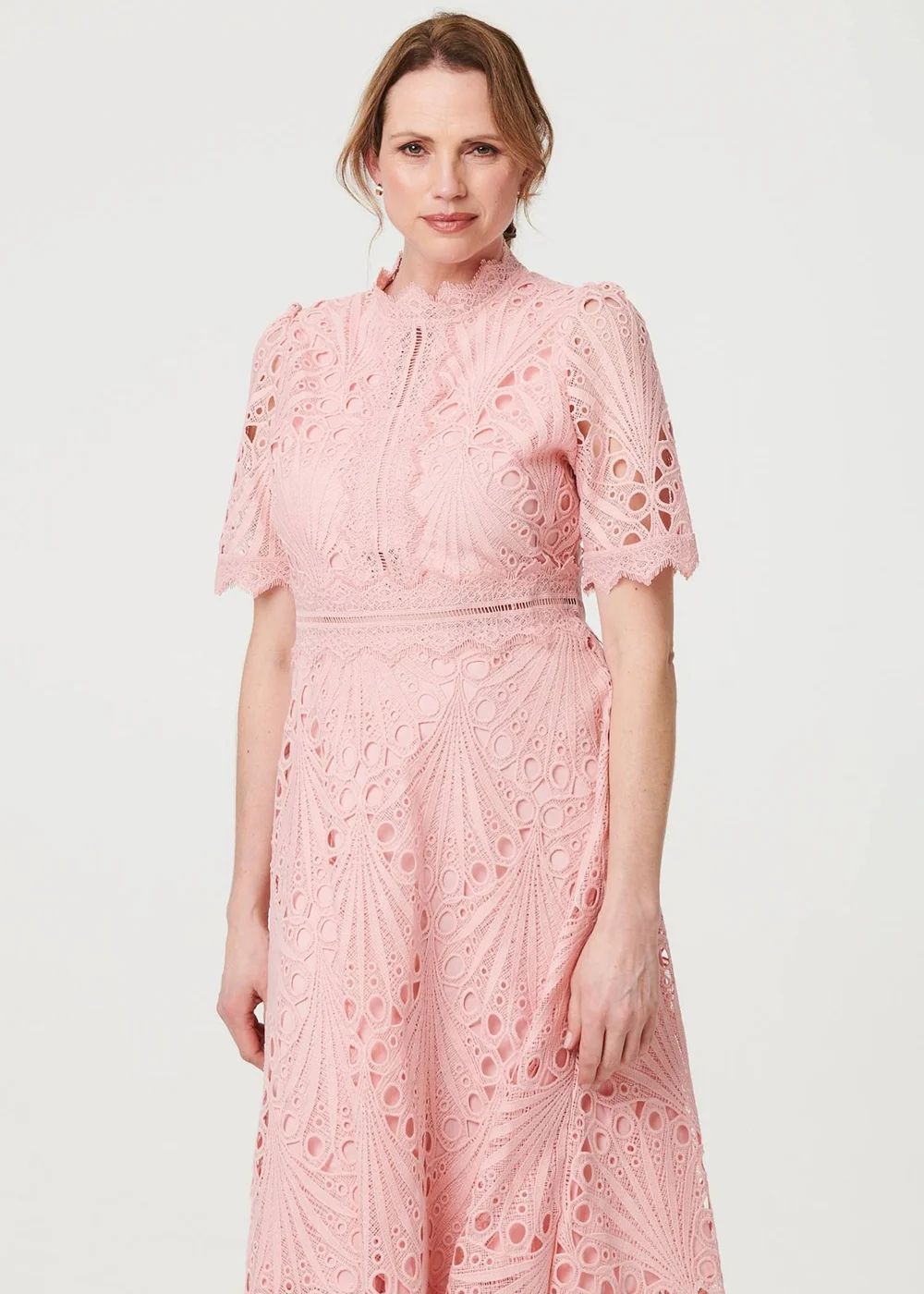 Izabel London Pink Floral Lace Cut Out Frilled Trim Midi Dress - 12 Izabel London Pink Floral Lace Cut Out Frilled Trim Midi Dress - 12