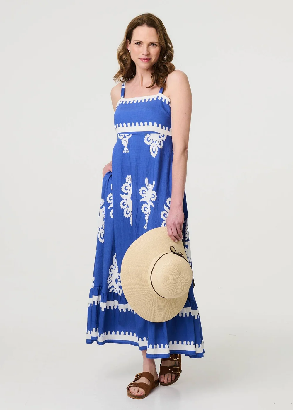 Izabel London Blue Ikat Print Sleeveless A-Line Maxi Dress - 16 | Matalan Izabel London Blue Ikat Print Sleeveless A-Line Maxi Dress - 16 | Matalan