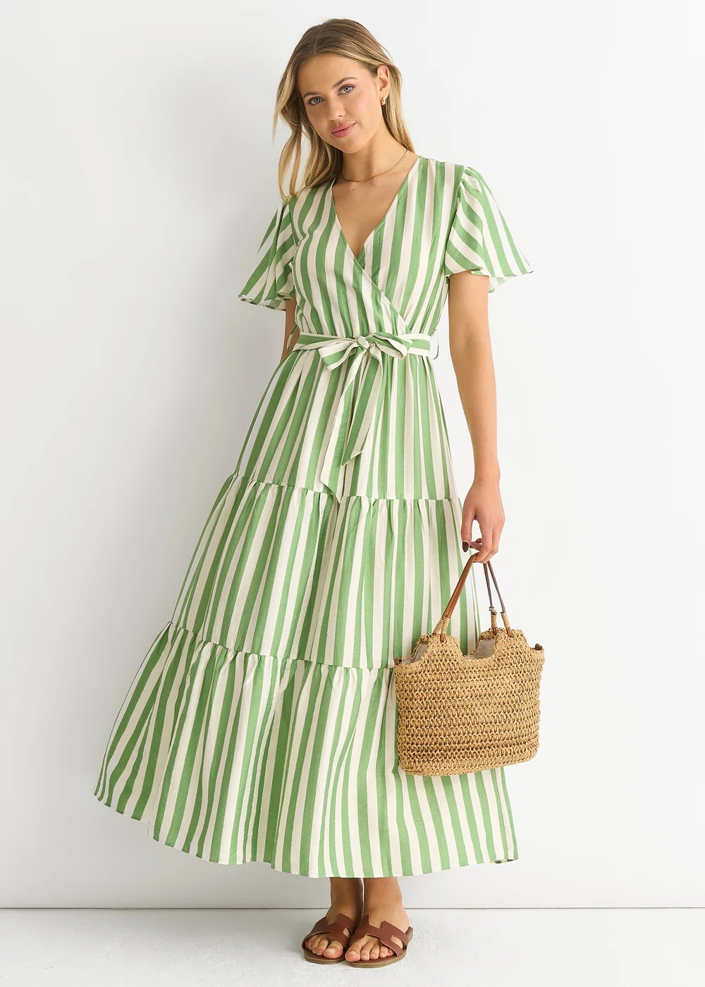 Gini London Sage Green Stripe Wrap Belted Midi Dress - Size 8 | Matalan Gini London Sage Green Stripe Wrap Belted Midi Dress - Size 8 | Matalan