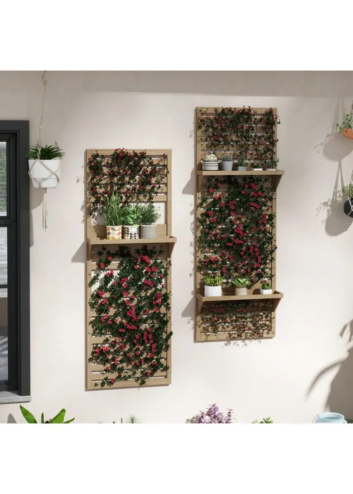 Outsunny Wall Mounted Plant Stands Set of 2 with Shelves and Slatted Trellis - One Size Image 1