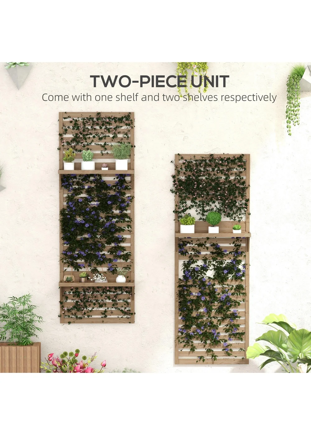 Outsunny Wall Mounted Plant Stands Set of 2 with Shelves and Slatted Trellis - One Size Image 4