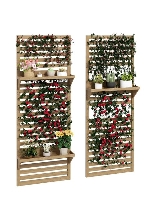 Outsunny Wall Mounted Plant Stands Set of 2 with Shelves and Slatted Trellis - One Size Image 2