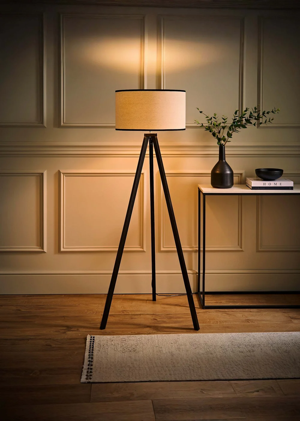 ValueLights Barbro Tripod Wood Black Floor Lamp with Large Drum Trim Shade - One Size Image 3