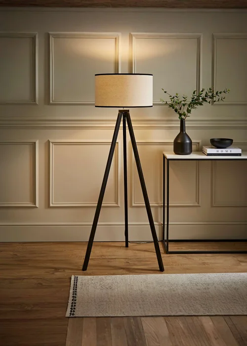 ValueLights Barbro Tripod Wood Black Floor Lamp with Large Drum Trim Shade - One Size Image 1