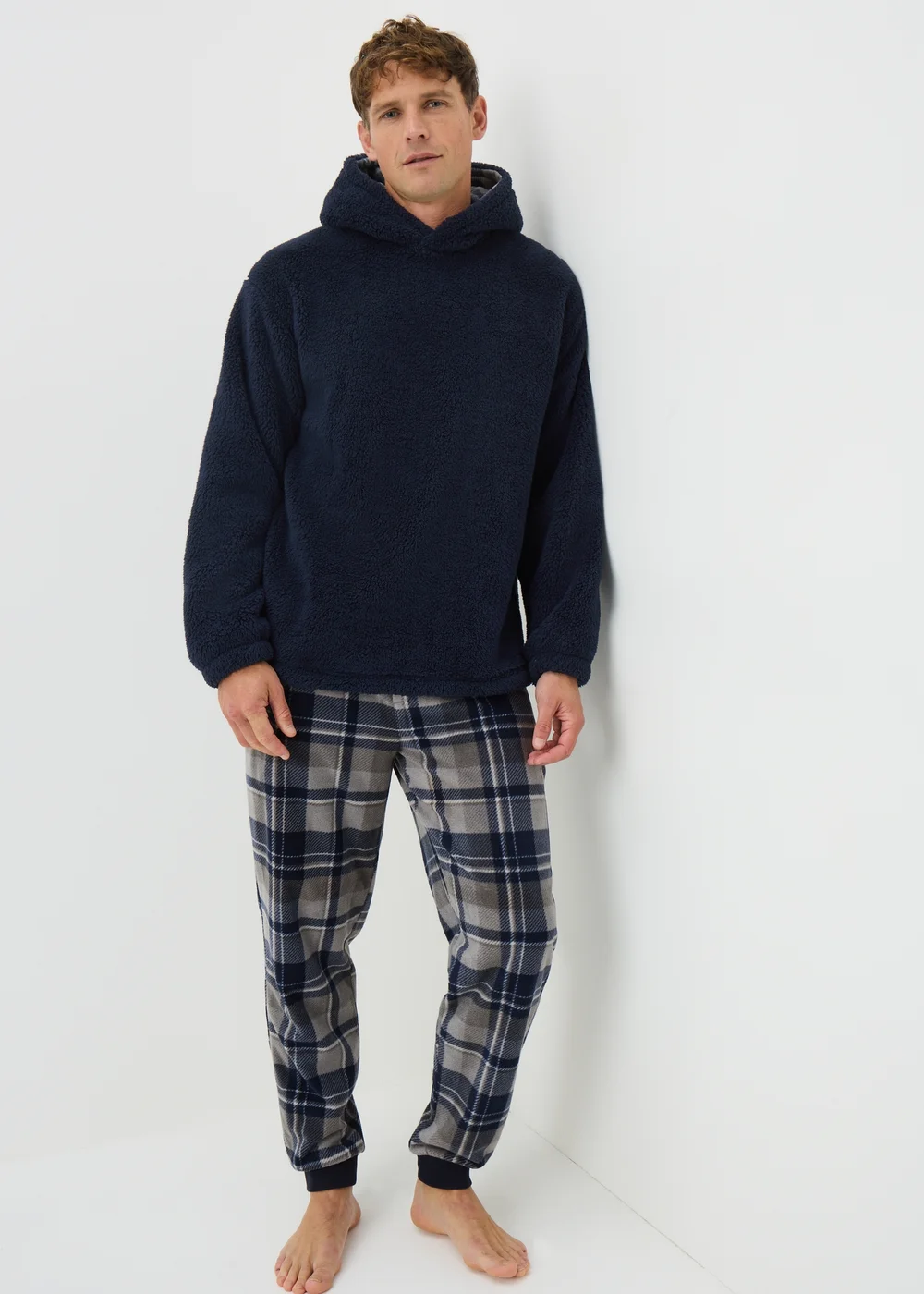 Navy Check Hooded Fleece Pyjama Set - Extra small Image 1