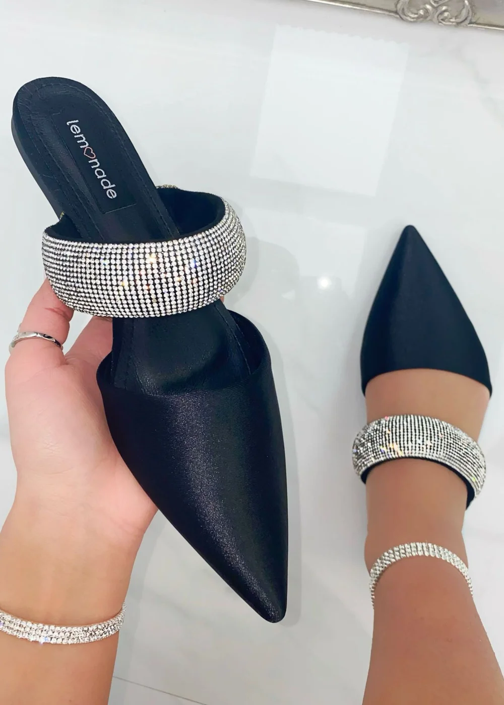 Love Lemonade Black Crystal Strap Pointed Toe Sliders - 3 Image 1