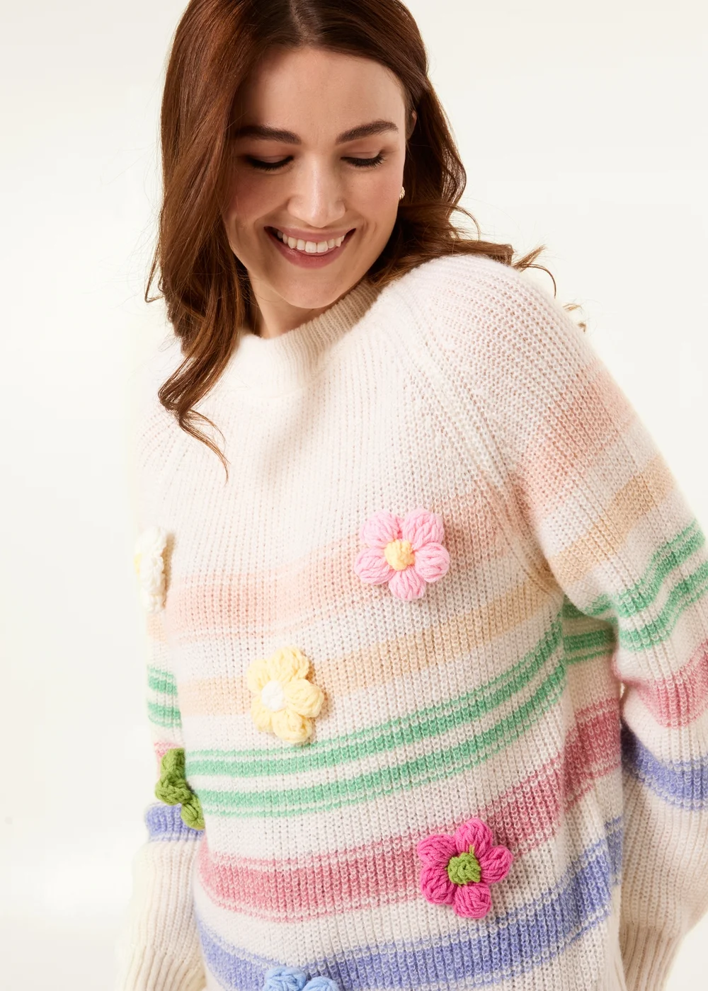 Blue Vanilla Multi Colourful 3D Flower Jumper With Stripes - M/L Image 3