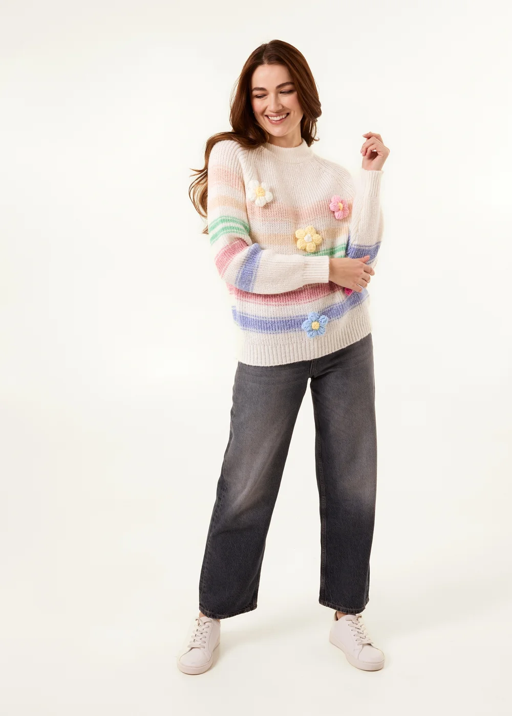Blue Vanilla Multi Colourful 3D Flower Jumper With Stripes - M/L Image 2