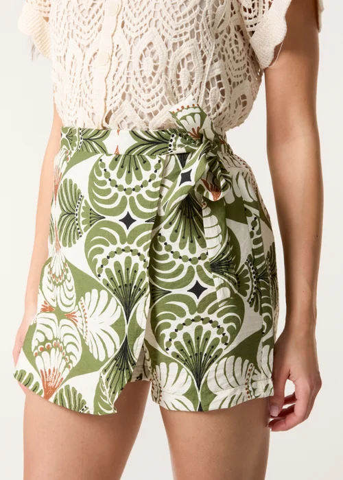 Blue Vanilla Khaki Geometric Print Wrap Belted Shorts - S Image 4