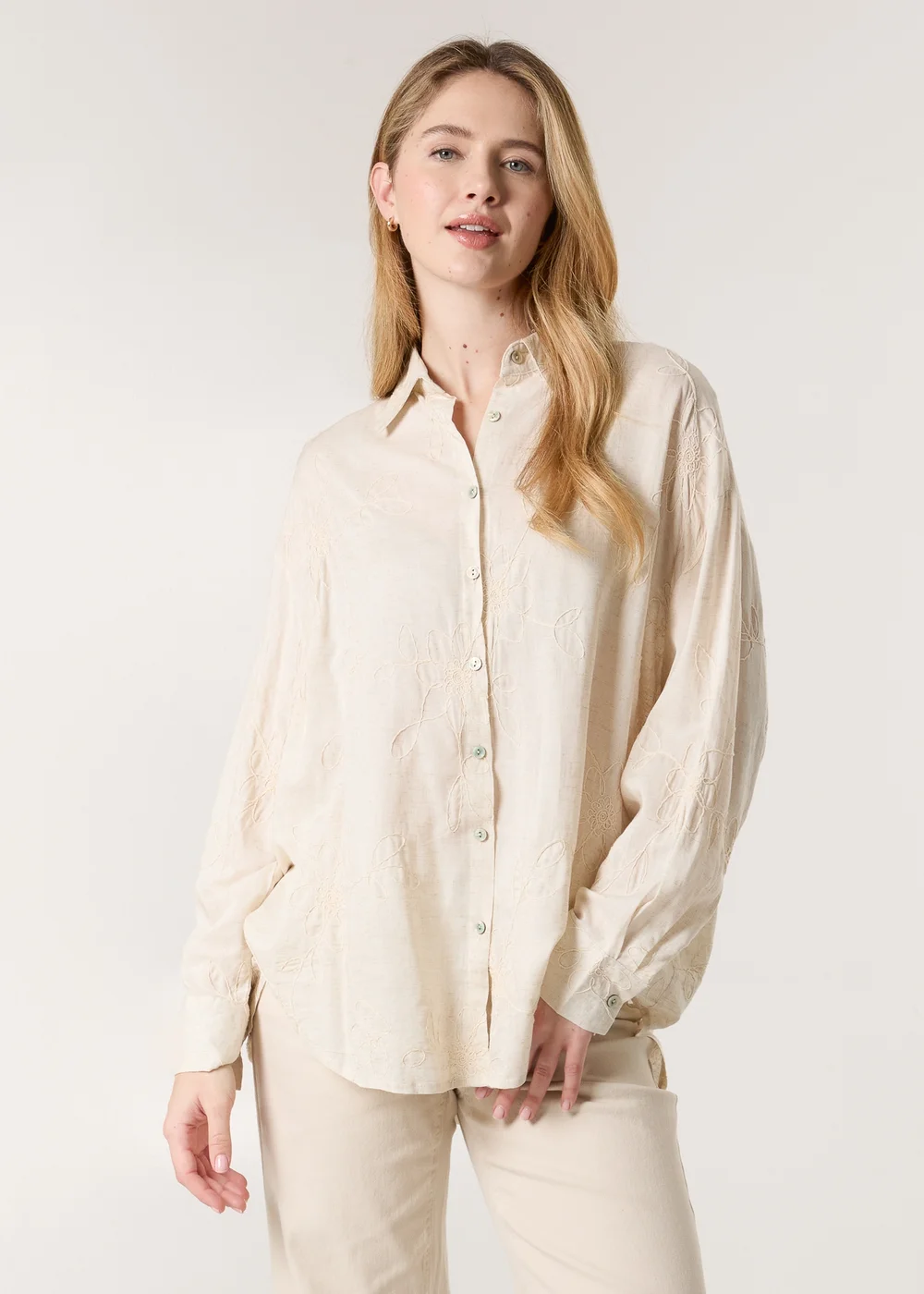 Blue Vanilla Beige Embroidered Linen Shirt - M/L Image 1
