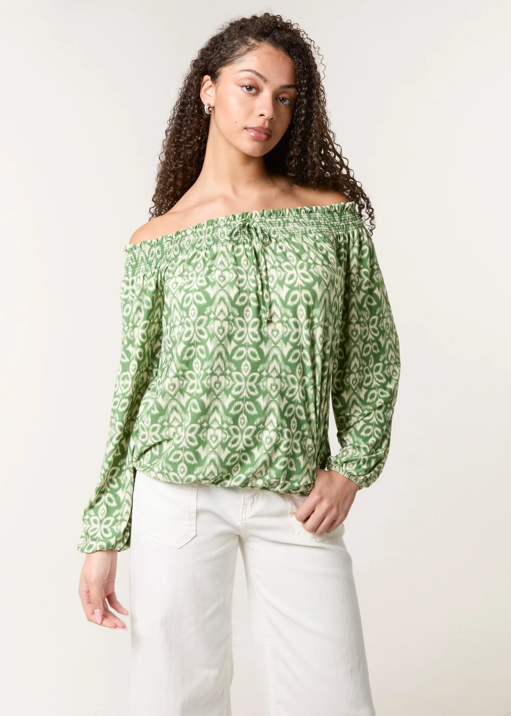 Blue Vanilla Khaki Bubble Hem Bardot Top - L/XL Image 1