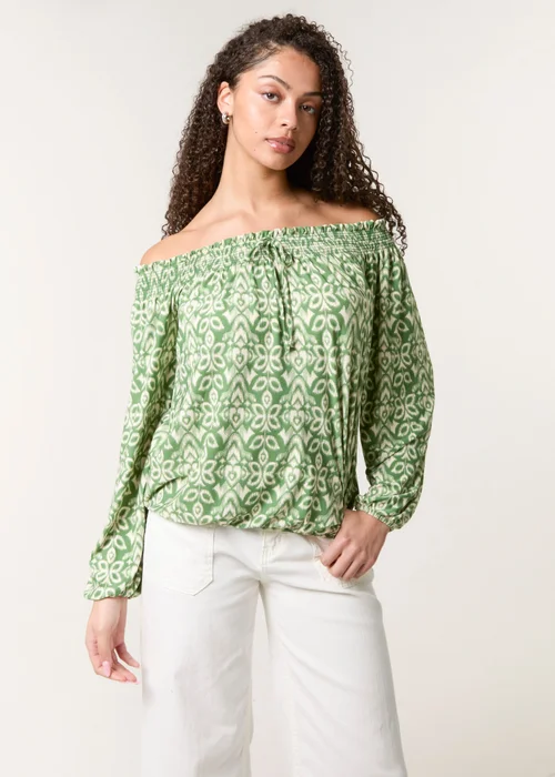 Blue Vanilla Khaki Bubble Hem Bardot Top - L/XL Image 1