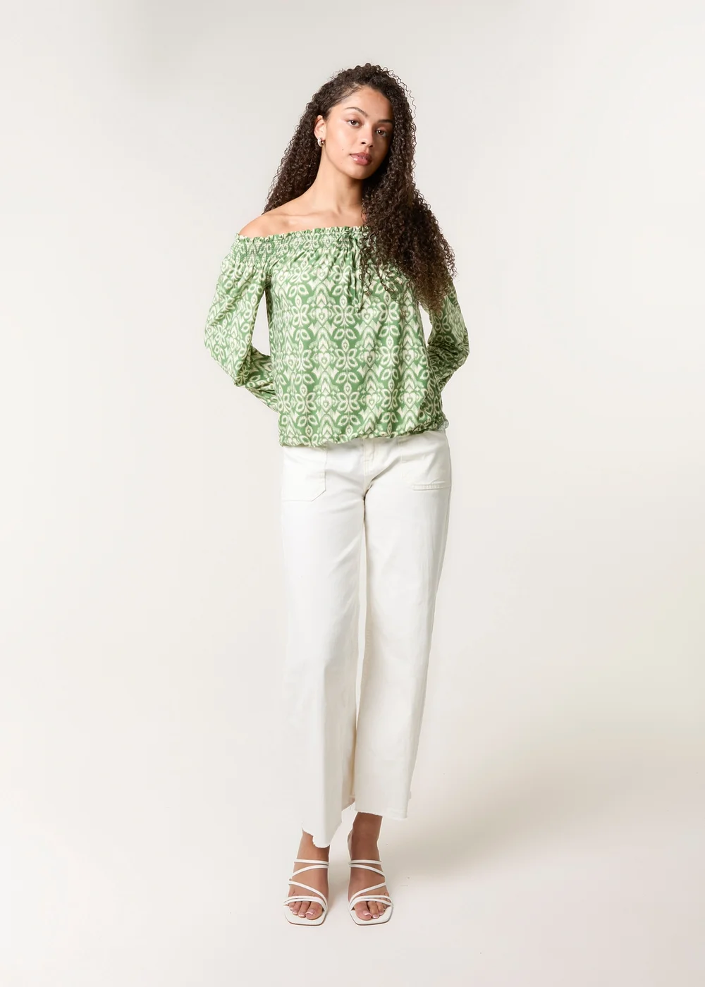 Blue Vanilla Khaki Bubble Hem Bardot Top - L/XL Image 2