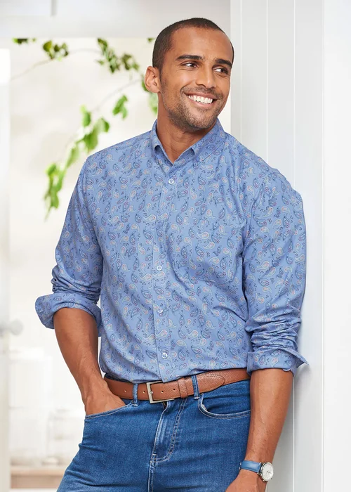 Cotton Traders Powder Blue Long Sleeve Easy-Iron Print Shirt - M Image 1