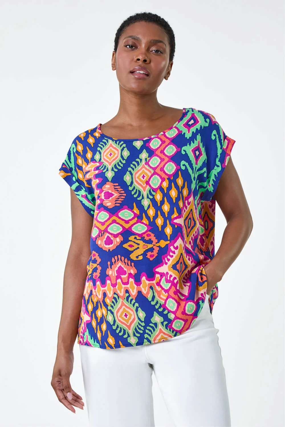 Roman Blue Aztec Print Short Sleeve Top - 18 Image 1