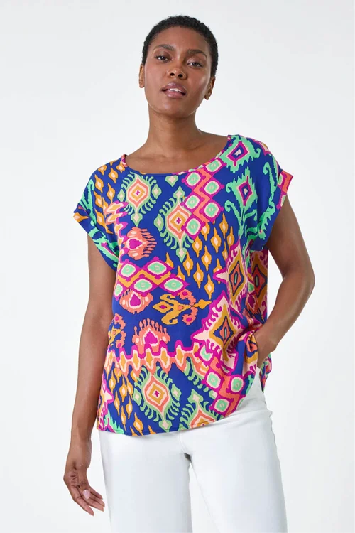 Roman Blue Aztec Print Short Sleeve Top - 18 Image 1