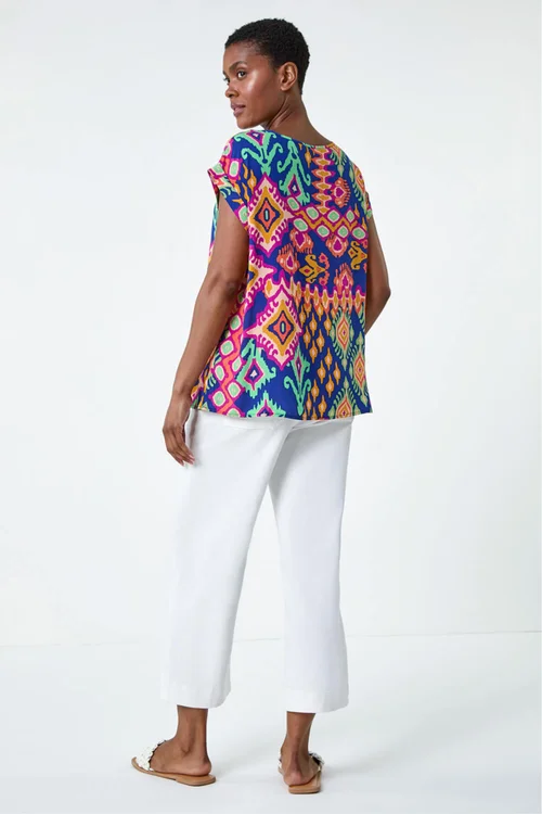 Roman Blue Aztec Print Short Sleeve Top - 18 Image 3