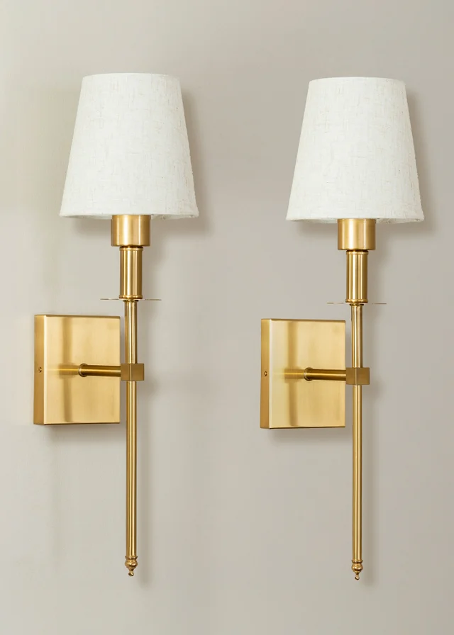 ValueLights Pair of Kincaid Gold Rechargeable Wall Lights with Cream Shades