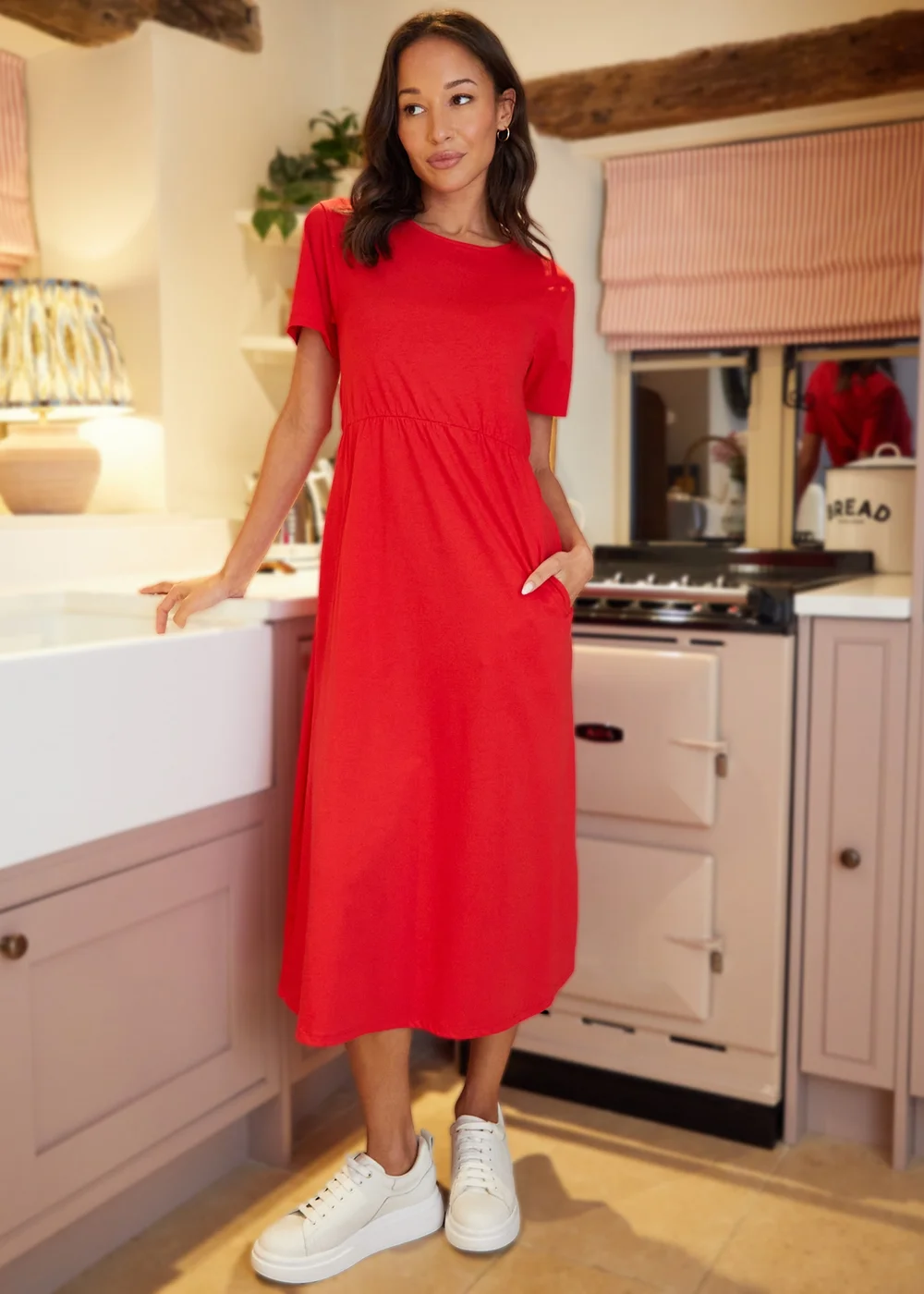 jersey smock midi dress Pure Cotton Midi Smock Dress with Pockets in Red