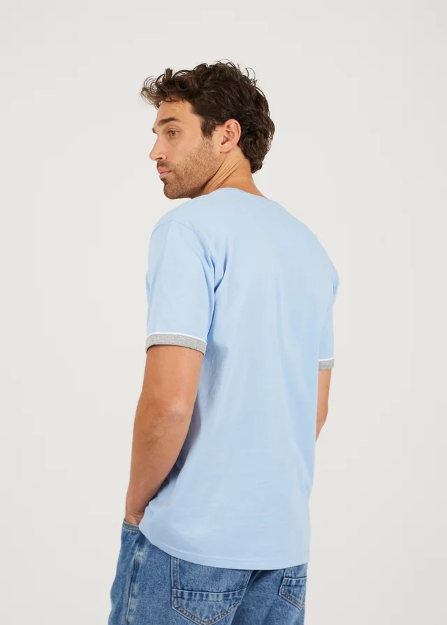 Brave Soul Light Blue Crew Neck T-Shirts with Contrast Piping 3-Pack