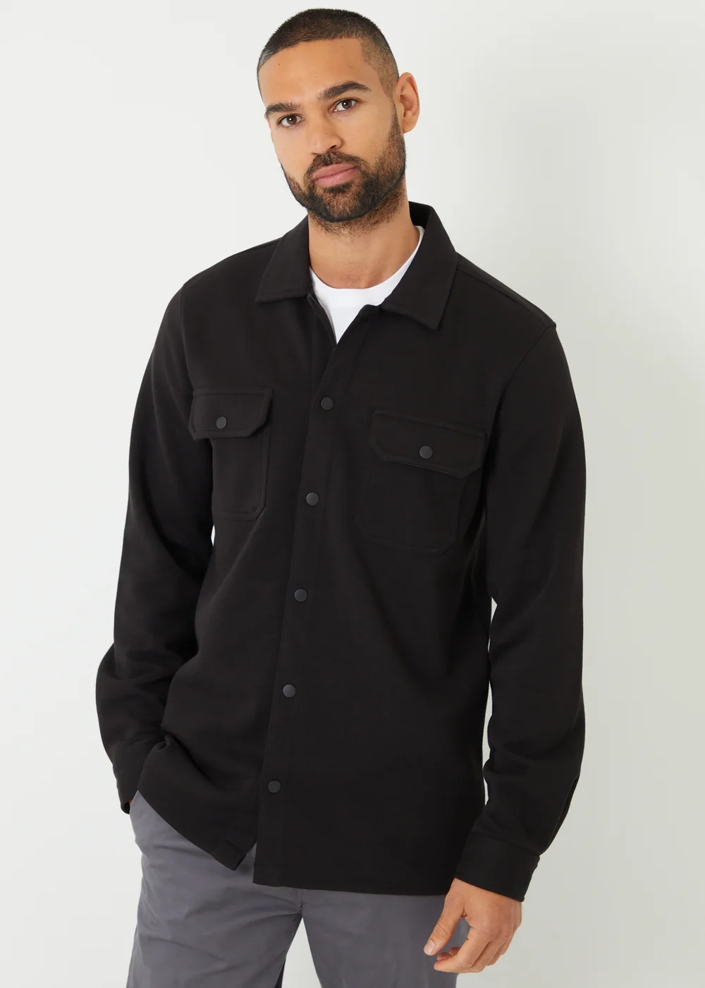 Threadbare Black Cotton Blend Popper Fastening Pique Shacket - M Image 5