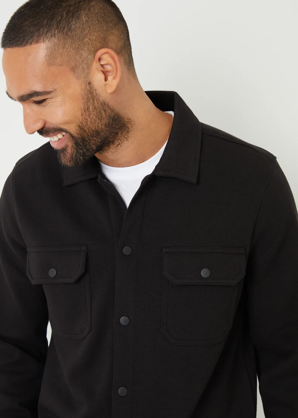 Threadbare Black Cotton Blend Popper Fastening Pique Shacket - M Image 3