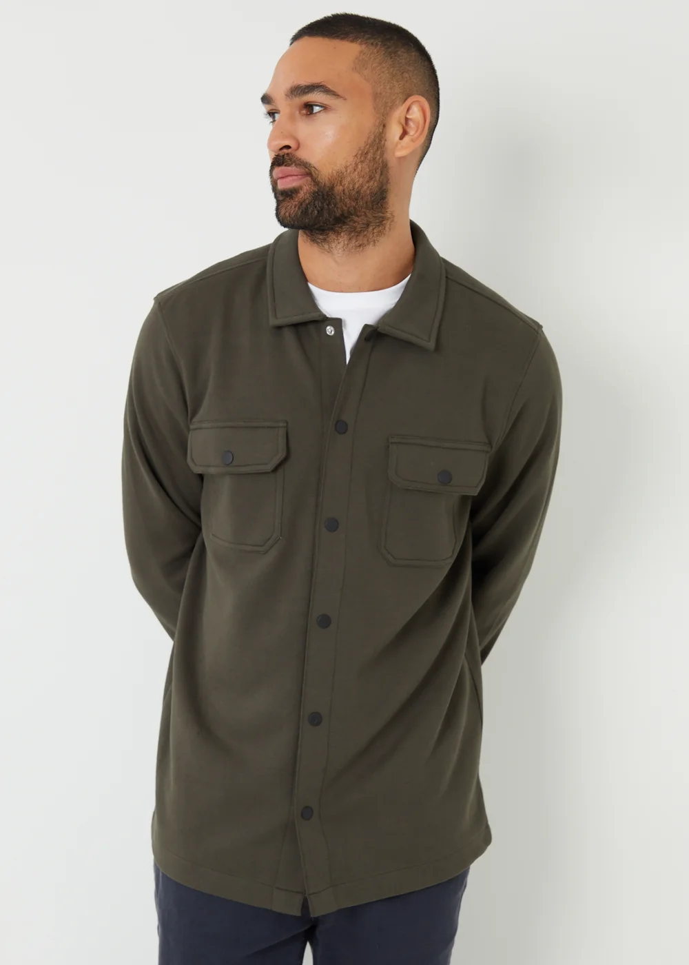 Threadbare Khaki Cotton Blend Popper Fastening Pique Shacket - M Image 5