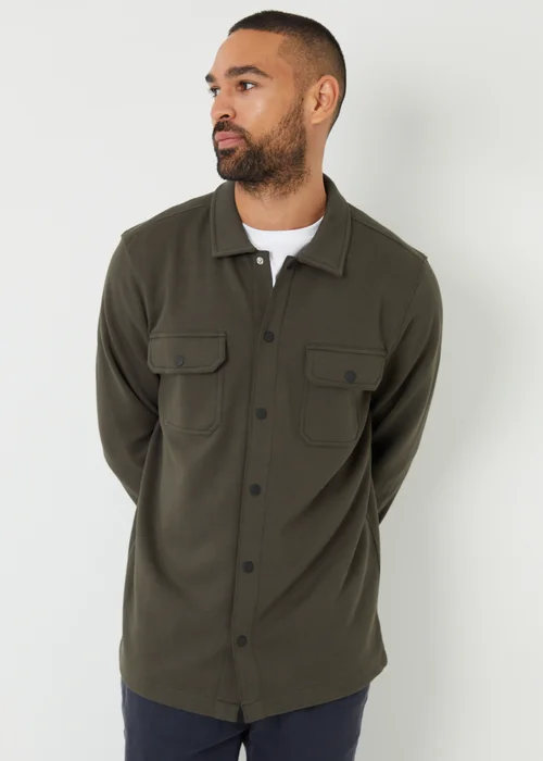 Threadbare Khaki Cotton Blend Popper Fastening Pique Shacket - M Image 5