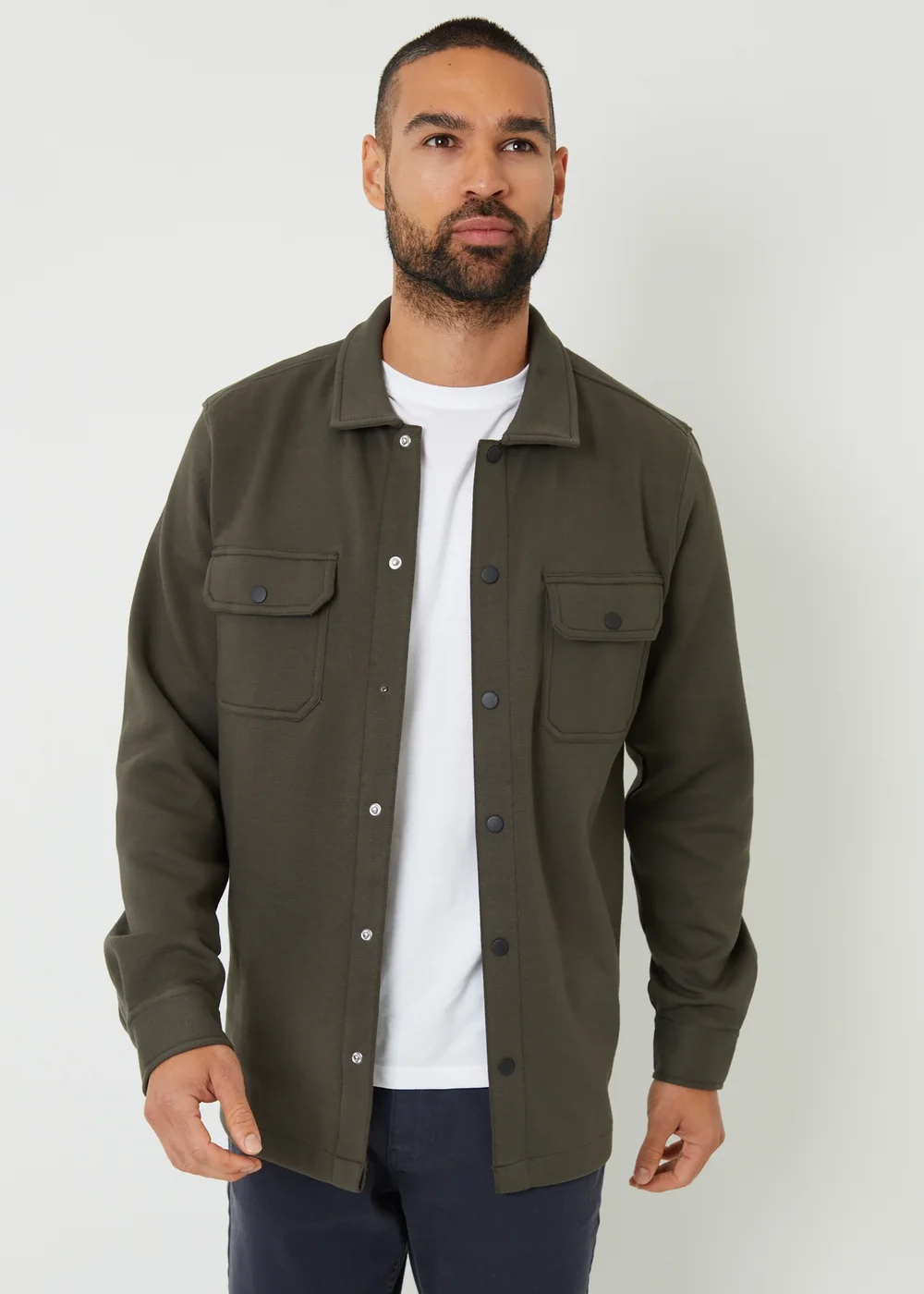 Threadbare Khaki Cotton Blend Popper Fastening Pique Shacket - M Image 1