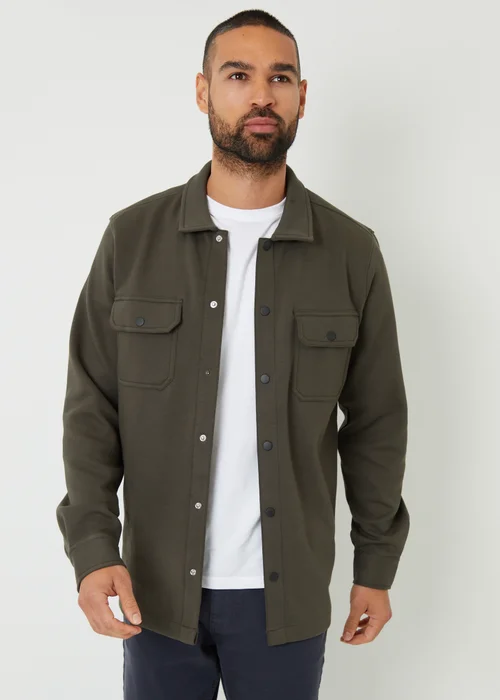 Threadbare Khaki Cotton Blend Popper Fastening Pique Shacket - M Image 1